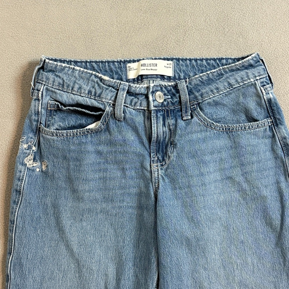 Hollister Low Rise Baggy Jeans W25 0R Medium Wash Butterfly Embroidered Wide Leg - Picture 3 of 12